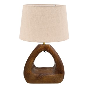 Επιτραπέζια Λάμπα με Ξύλινη Βάση Σχήμα Τρίγωνο και Υφασμάτινο Αμπαζούρ σε Λευκό Χρώμα