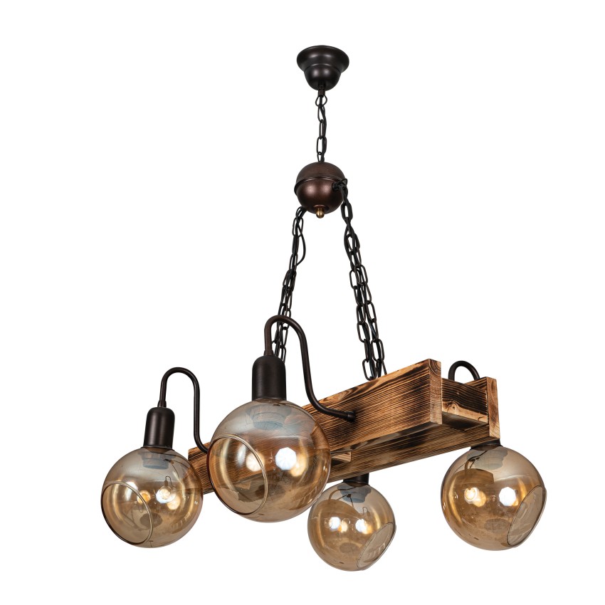 Glint® Κρεμαστό Φωτιστικό Ξύλινη Ράγα με 4 Μπράτσα και Γυάλινα Καπέλα Μελί – 4xE27