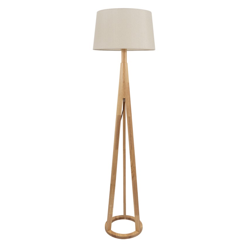 Ξύλινο φωτιστικό δαπέδου με στρογγυλό υφασμάτινο αμπαζούρ E27