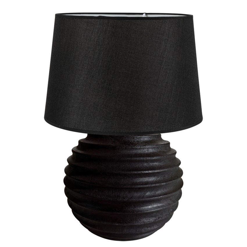 Επιτραπέζια Λάμπα Ξύλινη Στρογγυλή με Ραβδώσεις και Μαύρο Αμπαζούρ 1ΧΕ27