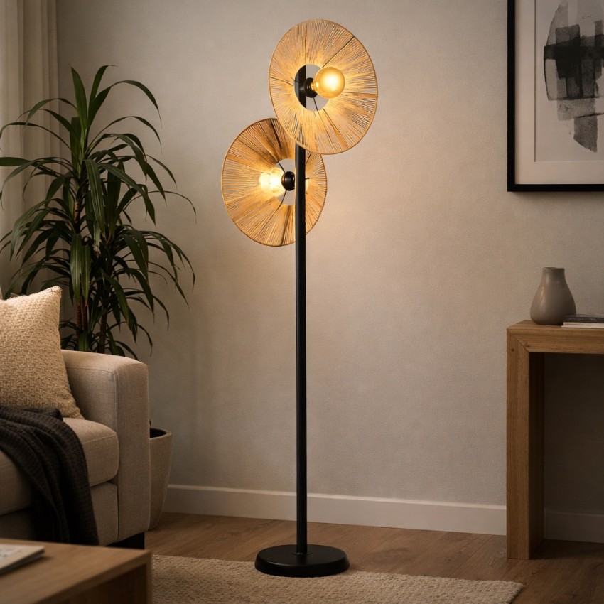 Επιδαπέδιο φωτιστικό διπλό μαύρο μεταλλικό με φυσικά σκιάδια σχοινιού Ε27