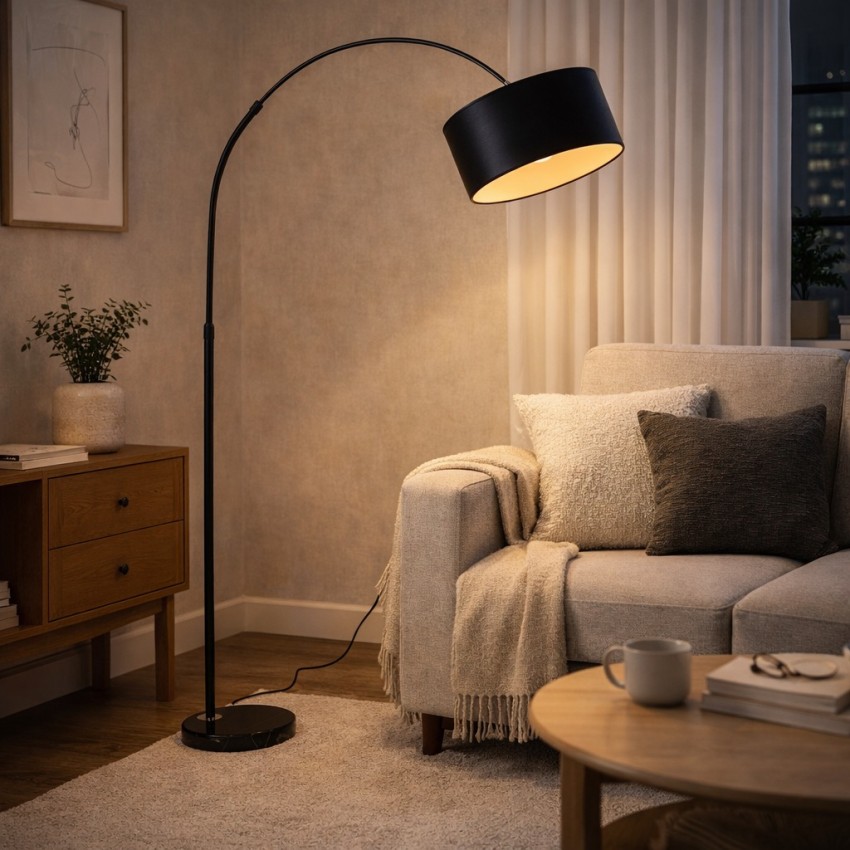 Επιδαπέδιο Φωτιστικό Μαύρο με Καμπύλη Κορμό & Αμπαζούρ E27