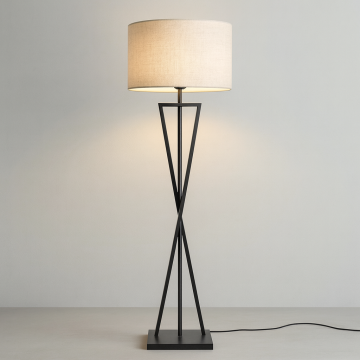 Φωτιστικό Δαπέδου με Μαύρη Χιαστή Βάση και Υφασμάτινο Αμπαζούρ E27
