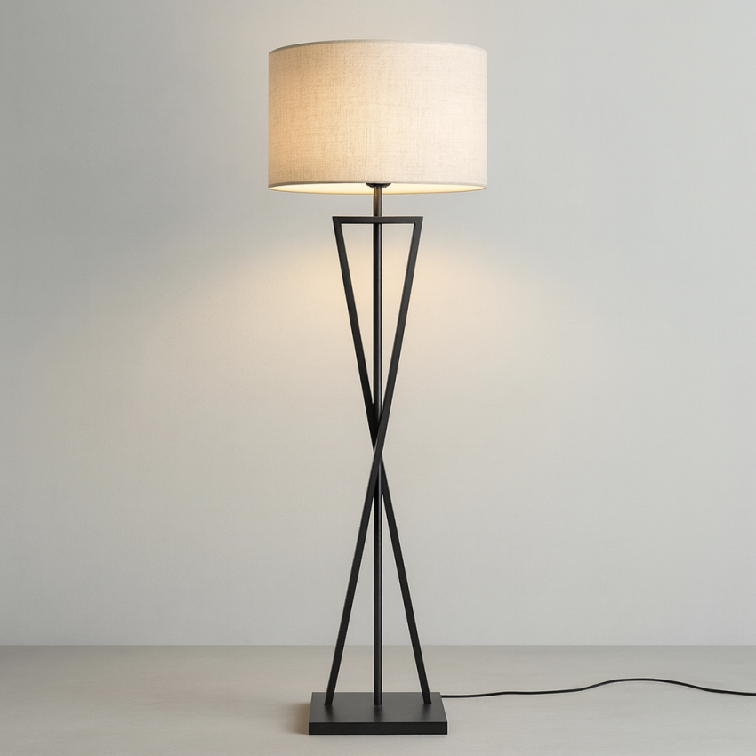 Φωτιστικό δαπέδου με μαύρη χιαστή βάση και υφασμάτινο αμπαζούρ E27 