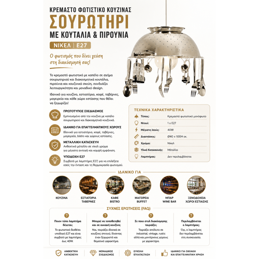 Κρεμαστό φωτιστικό κουζίνας σουρωτήρι με κουτάλια και πιρούνια νίκελ E27