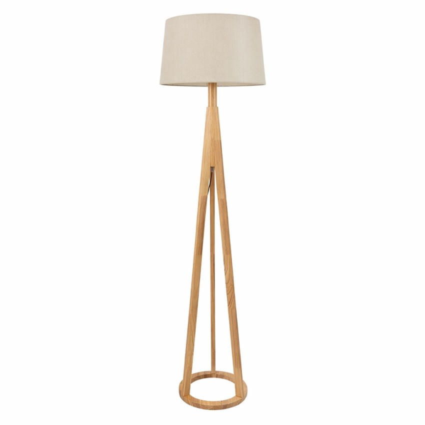 Ξύλινο φωτιστικό δαπέδου με στρογγυλό υφασμάτινο αμπαζούρ E27