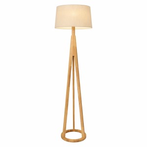 Στρογγυλό Ξύλινο Φωτιστικό Δαπέδου με Αμπαζούρ Υφάσματος E27