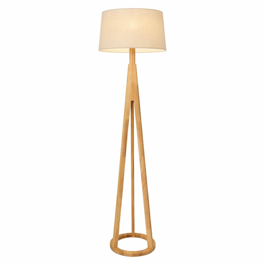 Ξύλινο φωτιστικό δαπέδου με στρογγυλό υφασμάτινο αμπαζούρ E27