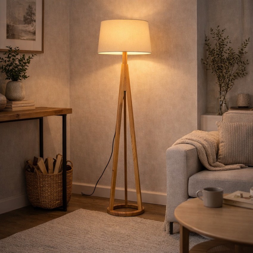 Ξύλινο φωτιστικό δαπέδου με στρογγυλό υφασμάτινο αμπαζούρ E27