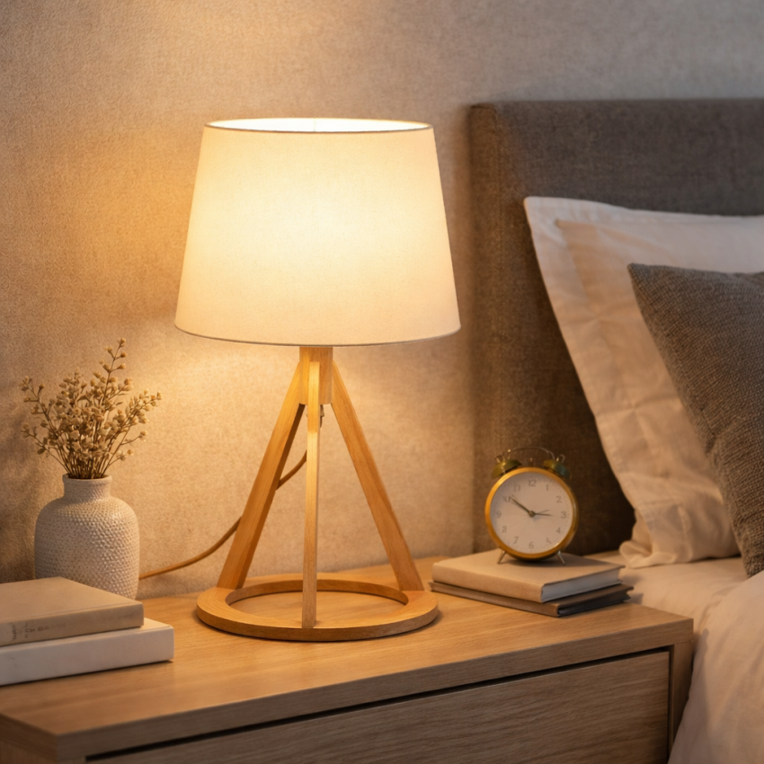 Επιτραπέζιο Φωτιστικό με Φυσικό Ξύλο και Καπέλο E27