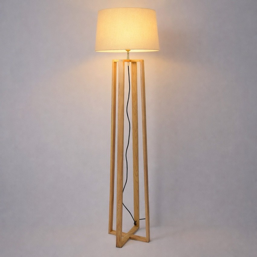 Ξύλινο Φωτιστικό Δαπέδου με Υφασμάτινο Καπέλο E27