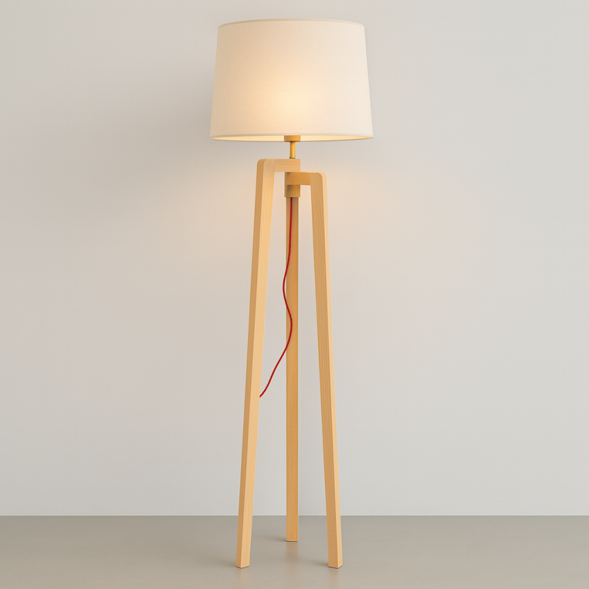 Woodline Loft Ξύλινο Επιδαπέδιο Φωτιστικό με Εκρού Καπέλο