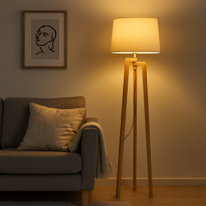  Woodline Loft – Ξύλινο Επιδαπέδιο Φωτιστικό με Εκρού Καπέλο (150cm)