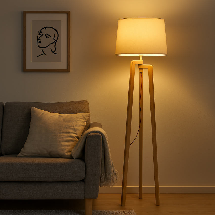 Woodline Loft Ξύλινο Επιδαπέδιο Φωτιστικό με Εκρού Καπέλο