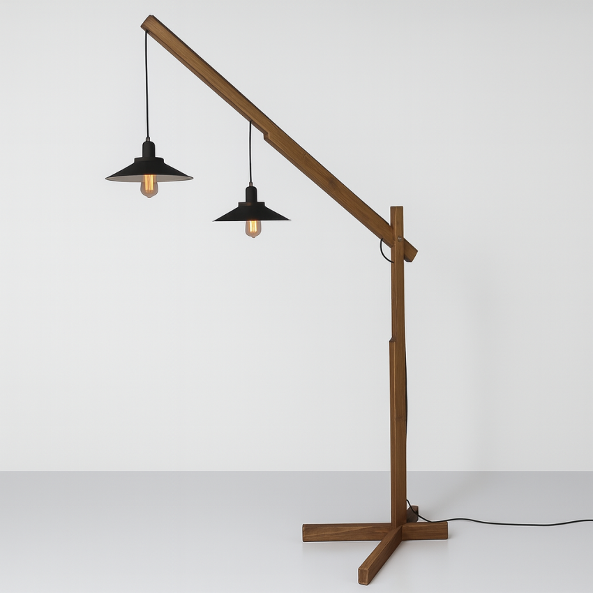 Michio Επιδαπέδιο Φωτιστικό με Ξύλινη Βάση και Μαύρα Μεταλλικά Καπέλα