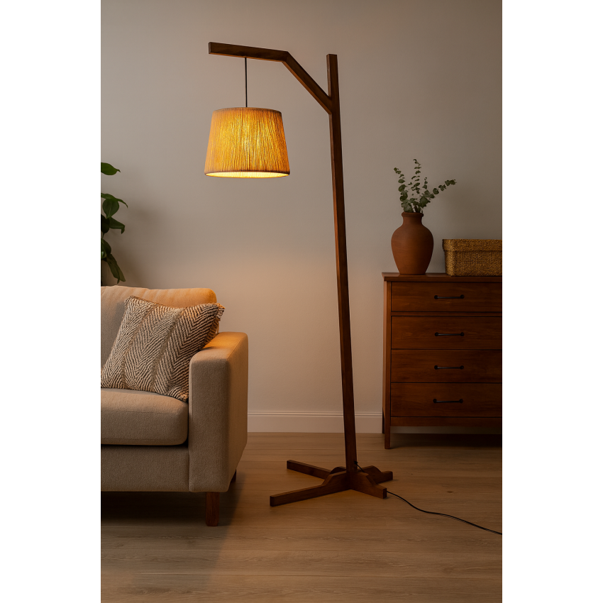 Επιδαπέδιο Φωτιστικό Romantic Wood με Ξύλινη Βάση και Κρεμαστό Καπέλο από Σχοινί