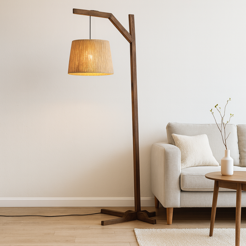 Επιδαπέδιο Φωτιστικό Romantic Wood με Ξύλινη Βάση και Κρεμαστό Καπέλο από Σχοινί