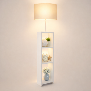 Επιδαπέδιο φωτιστικό WOODO με ράφια, ξύλινη κατασκευή & μπεζ υφασμάτινο καπέλο 1xE27 (150cm)