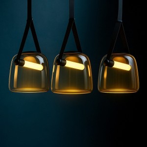 LERKI 907/3 Κρεμαστό Φωτιστικό 3φωτο με Δερμάτινες Κρεμάσεις & Φιμέ Γυαλί