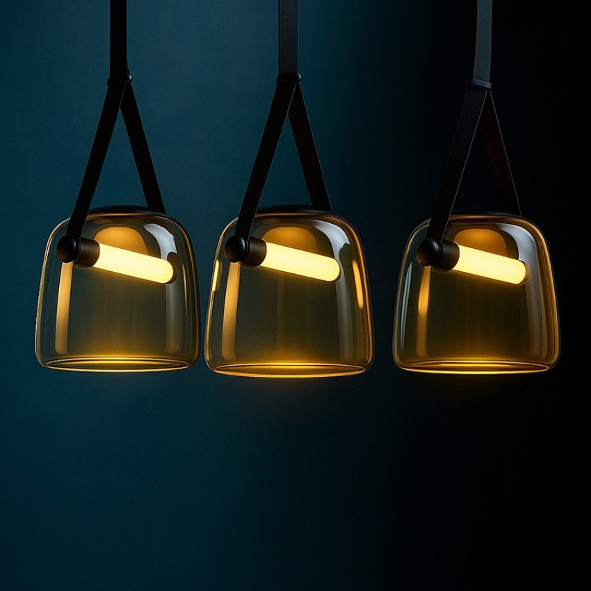 Κρεμαστό Φωτιστικό LERKI 907/3 με 3 Φιμέ Γυάλινες Καμπάνες & Δερμάτινη Κρέμαση