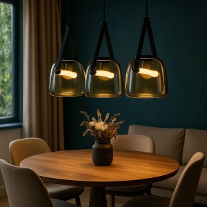 LERKI 907/3 Κρεμαστό Φωτιστικό 3φωτο με Δερμάτινες Κρεμάσεις & Φιμέ Γυαλί