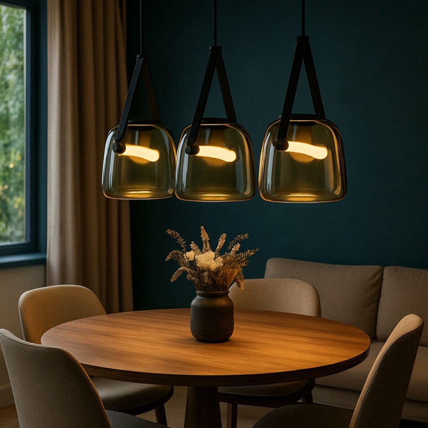 Κρεμαστό Φωτιστικό LERKI 907/3 με 3 Φιμέ Γυάλινες Καμπάνες & Δερμάτινη Κρέμαση