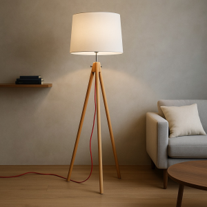 glint.gr YORK – Τρίποδο Ξύλινο Φωτιστικό Δαπέδου με Υφασμάτινο Καπέλο