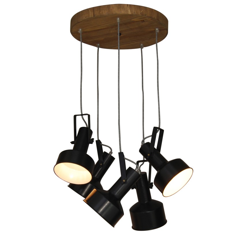 Farcom Black Φωτιστικό κρεμαστό με πέντε φώτα και κυκλική ξύλινη Rosetta