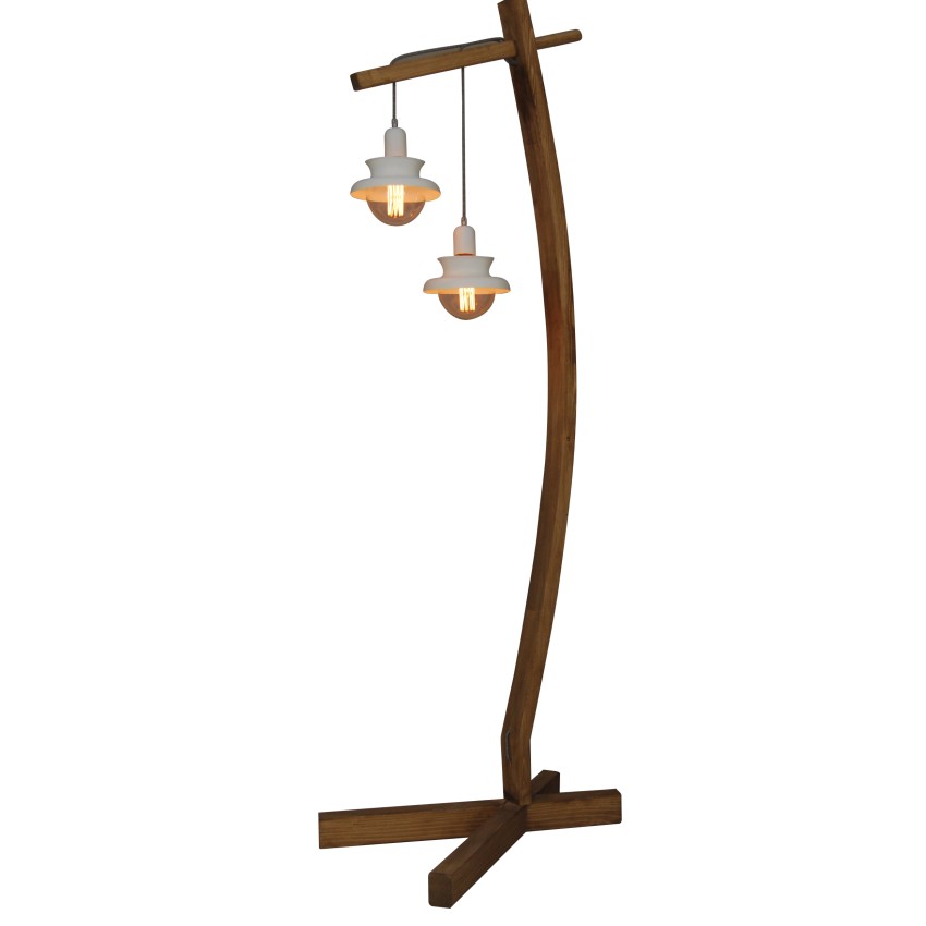 HL-305FL Norio Φωτιστικό Δαπέδου με Ξύλινη Βάση & Δύο Κρεμαστά Σώματα με Λευκά Καπέλα