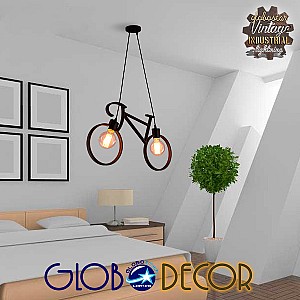 Bike Black Glint® Vintage Κρεμαστό Φωτιστικό Οροφής Δίφωτο 2 X E27 Μαύρο Μεταλλικό Μ67 X Π1.5 X Υ41Cm