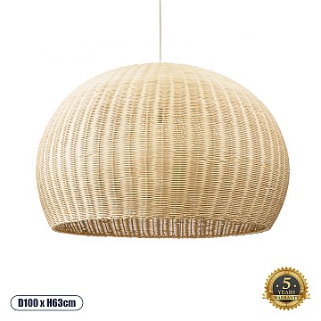 Raito Glint® Boho Κρεμαστό Φωτιστικό Οροφής Μονόφωτο 1 X E27 Ac220-240V Ip20 - Φ100 X Υ63Cm - Μπεζ Ξύλινο Μπαμπού Πλέγμα