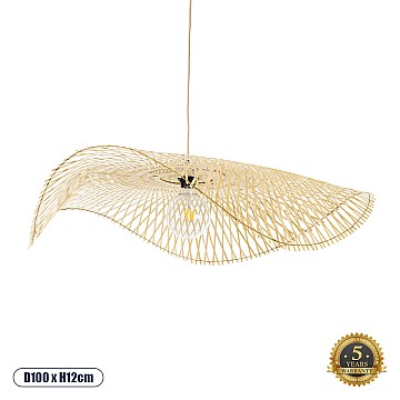 Melemele Glint® Boho Κρεμαστό Φωτιστικό Οροφής Μονόφωτο 1 X E27 Ac220-240V Ip20 - Φ100 X Υ12Cm - Μπεζ Ξύλινο Μπαμπού Πλέγμα