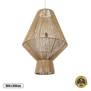 Cayman Glint® Boho Κρεμαστό Φωτιστικό Οροφής Μονόφωτο 1 X E27 Ac220-240V Ip20 - Φ60 X Υ86Cm - Μπεζ Λεπτό Σχοινί Τριχιά Πλέγμα