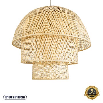 Hiroka Glint® Boho Κρεμαστό Φωτιστικό Οροφής Μονόφωτο 1 X E27 Ac220-240V Ip20 - Φ100 X Υ110Cm - Μπεζ Ξύλινο Μπαμπού Πλέγμα