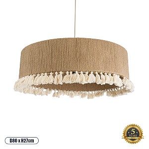 Puertorico Glint® Boho Κρεμαστό Φωτιστικό Οροφής Τριφωτο 3 X E27 Ac220-240V Ip20 - Φ80 X Υ27Cm - Μπεζ Με Λευκό Λεπτό Νήμα Πλέγμα Βαμβακερό Καπέλο