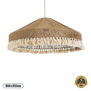 Puertorico Glint® Boho Κρεμαστό Φωτιστικό Οροφής Τριφωτο 3 X E27 Ac220-240V Ip20 - Φ80 X Υ35Cm - Μπεζ Με Λευκό Λεπτό Νήμα Πλέγμα Βαμβακερό Καπέλο