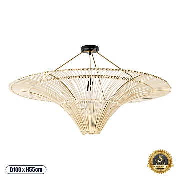 Palermo Glint® Boho Φωτιστικό Οροφής Μονόφωτο 1 X E27 Ac220-240V Ip20 - Φ100 X Υ55Cm - Μπεζ Ξύλινο Μπαμπού Πλέγμα