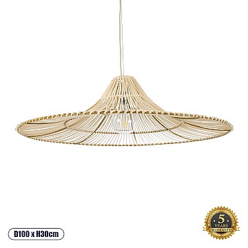 Palermo Glint® Boho Κρεμαστό Φωτιστικό Οροφής Μονόφωτο 1 X E27 Ac220-240V Ip20 - Φ100 X Υ30Cm - Μπεζ Ξύλινο Μπαμπού Πλέγμα