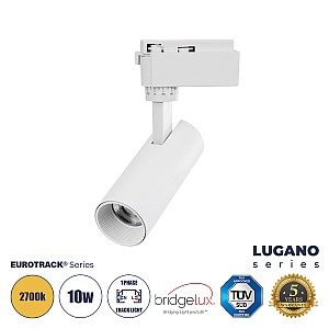 Lugano Glint® Μονοφασικό Φωτιστικό Σποτ Ράγας Led 10W 1200Lm 36° Acrylic Hq Lens Ac 220-240V Ip20 Φ4.5 X Υ19Cm Θερμό Λευκό 2700K - Eurotrack® System 1L+1N - Λευκό - Bridgelux Chip - Tüv Certified Driver