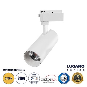 Lugano Glint® Μονοφασικό Φωτιστικό Σποτ Ράγας Led 20W 2400Lm 36° Acrylic Hq Lens Ac 220-240V Ip20 Φ6.5 X Υ22Cm Θερμό Λευκό 2700K - Eurotrack® System 1L+1N - Λευκό - Bridgelux Chip - Tüv Certified Driver