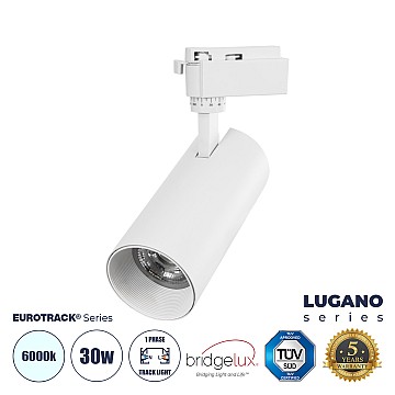 Lugano Glint® Μονοφασικό Φωτιστικό Σποτ Ράγας Led 30W 3900Lm 36° Acrylic Hq Lens Ac 220-240V Ip20 Φ7.5 X Υ22.7Cm Ψυχρό Λευκό 6000K - Eurotrack® System 1L+1N - Λευκό - Bridgelux Chip - Tüv Certified Driver