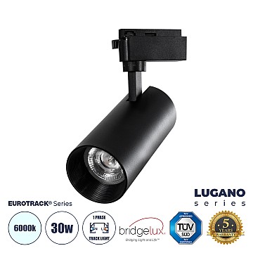 Lugano Glint® Μονοφασικό Φωτιστικό Σποτ Ράγας Led 30W 3900Lm 36° Acrylic Hq Lens Ac 220-240V Ip20 Φ7.5 X Υ22.7Cm Ψυχρό Λευκό 6000K - Eurotrack® System 1L+1N - Μαύρο - Bridgelux Chip - Tüv Certified Driver