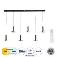 GLOBOSTAR® ZANE  Μοντέρνο Κρεμαστό Φωτιστικό Οροφής LED 100W 11200lm 120° AC 220-240V IP20 Ρυθμιζόμενο Λευκό CCT με Χειριστήριο από 2700K έως 6000K Dimmable - Lumileds SMD Chip - Μαύρο Ματ & Χρυσό - Μ160 x Π15 x Υ20cm