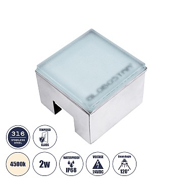 Cybolithos Glint® Χωνευτό Φωτιστικό Σποτ Δαπέδου Led 2W 265Lm 120° Dc 24V Αδιάβροχο Ip68 Ik06 Μ10 X Π10 X Υ8Cm 4500K Dimmable - Tempered Γαλακτερό Γυαλί & Ανοξείδωτο Ατσάλι - Bridgelux Chip