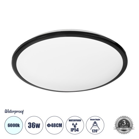 GLOBOSTAR® TUFFIN  Φωτιστικό Πλαφονιέρα Οροφής LED 36W 4140lm 120° AC 220-240V Αδιάβροχο IP54 Ψυχρό Λευκό 6000K - Lumileds SMD Chip - Μαύρο Ματ & Λευκό Γαλακτερό - Μ48 x Π48 x Υ6.5cm