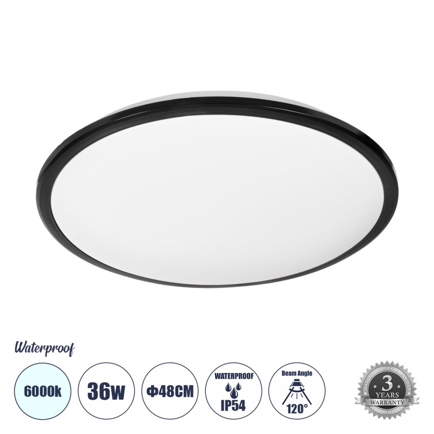GLOBOSTAR® TUFFIN  Φωτιστικό Πλαφονιέρα Οροφής LED 36W 4140lm 120° AC 220-240V Αδιάβροχο IP54 Ψυχρό Λευκό 6000K - Lumileds SMD Chip - Μαύρο Ματ & Λευκό Γαλακτερό - Μ48 x Π48 x Υ6.5cm