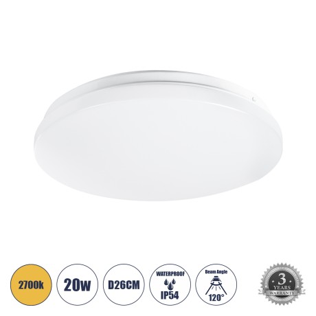 GLOBOSTAR® CELANO  Μοντέρνο Φωτιστικό Οροφής LED 20W 2400lm 120° AC 220-240V Αδιάβροχο IP54 Θερμό Λευκό 2700K - Lumileds SMD Chip - Λευκό Γαλακτερό - Μ26 x Π26 x Υ6cm