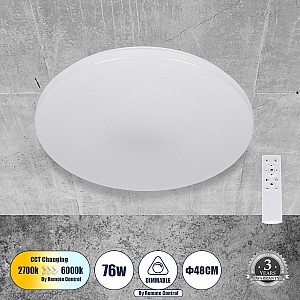 Ava Glint® Πλαφονιέρα Οροφής Led Cct 76W 8372Lm 120° Ac 220-240V - Εναλλαγή Φωτισμού Μέσω Τηλεχειριστηρίου All In One Ψυχρό Λευκό 6000K+Φυσικό Λευκό 4500K+Θερμό Λευκό 2700K Dimmable Φ48Cm - Λευκό