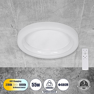 Glint® Πλαφονιέρα Οροφής Led Cct 55W 6376Lm 120° - Εναλλαγή Μέσω Τηλεχειριστηρίου All In One Dimmable- Λευκό Φ48Cm 