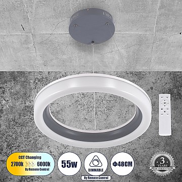 Glint® LED Κρεμαστή Πλαφονιέρα Cct 55W 6376Lm All In One Dimmable Εναλλαγή μέσω Τηλεχειριστηρίου Φ48Cm - Ανθρακί